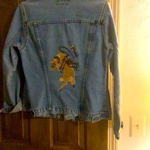 Western style Jean Jacket with cowgirl buckaroo embroidered on the back